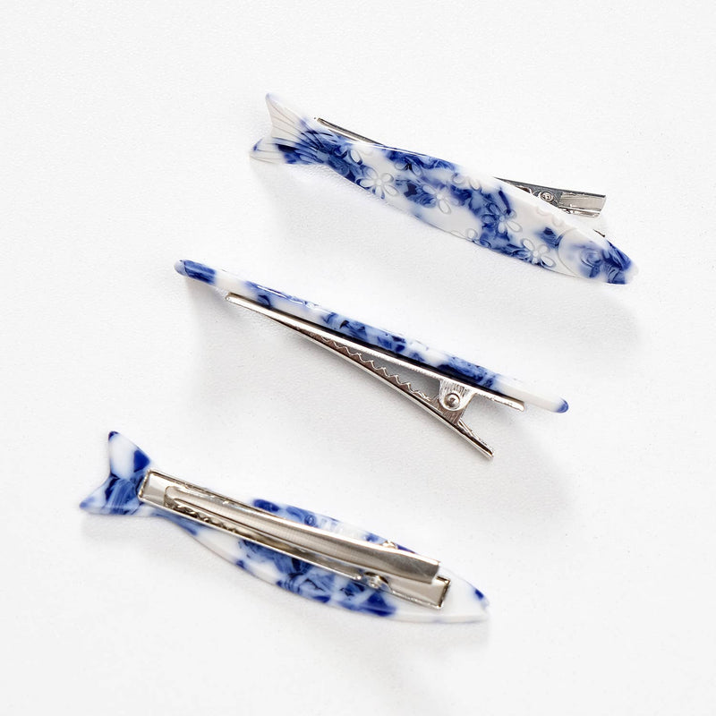 Coastal Blue Floral Sardine Fish Barrette Hair Clip