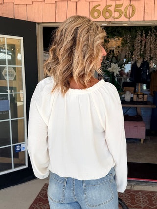 Tribal Flowy Long Puff Sleeves Notch Neck Tie Front Blouse Cream