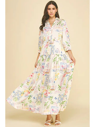 Print Button Down Maxi Dress - Cream Multi