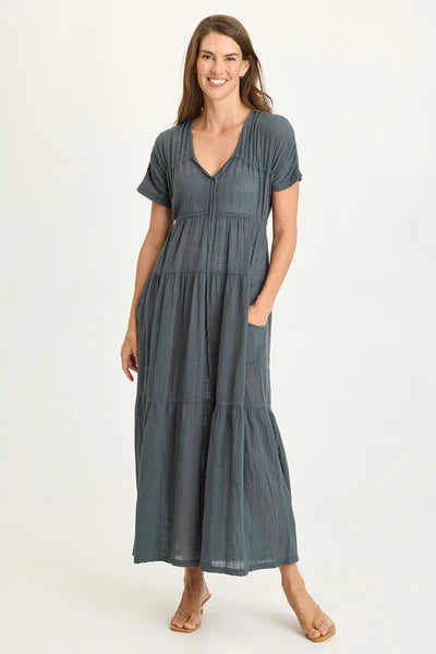 XCVI Wearables Ignatz Gauze Tiered V-Neck Dress  in Hawthorn Leaf