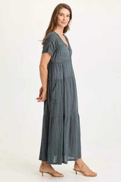 XCVI Wearables Ignatz Gauze Tiered V-Neck Dress  in Hawthorn Leaf