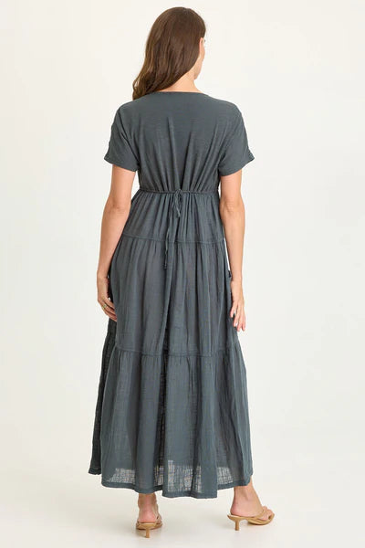 XCVI Wearables Ignatz Gauze Tiered V-Neck Dress  in Hawthorn Leaf