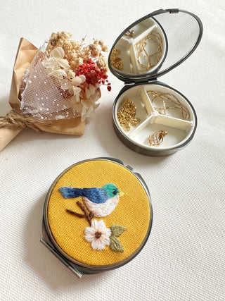 Floral Embroidered Round Jewelry Box (or Pill Box) With MirrorSuccess