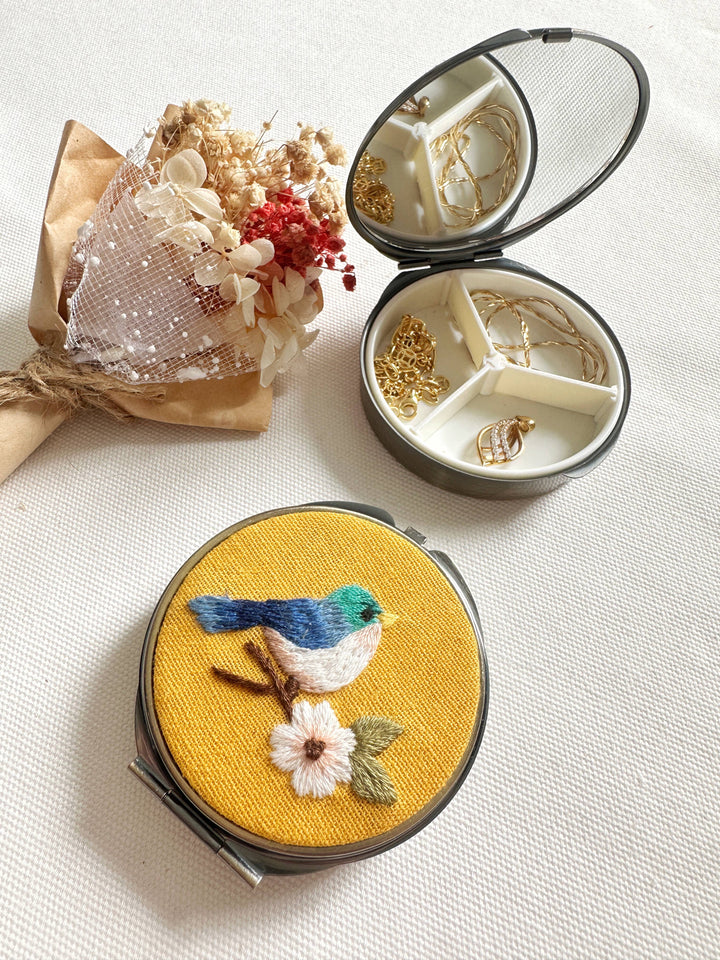 Floral Embroidered Round Jewelry Box (or Pill Box) With MirrorSuccess