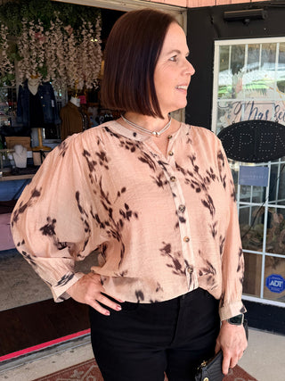 Tribal Flowy Dolman Sleeve Blouse With Self-Covering Buttons Suede