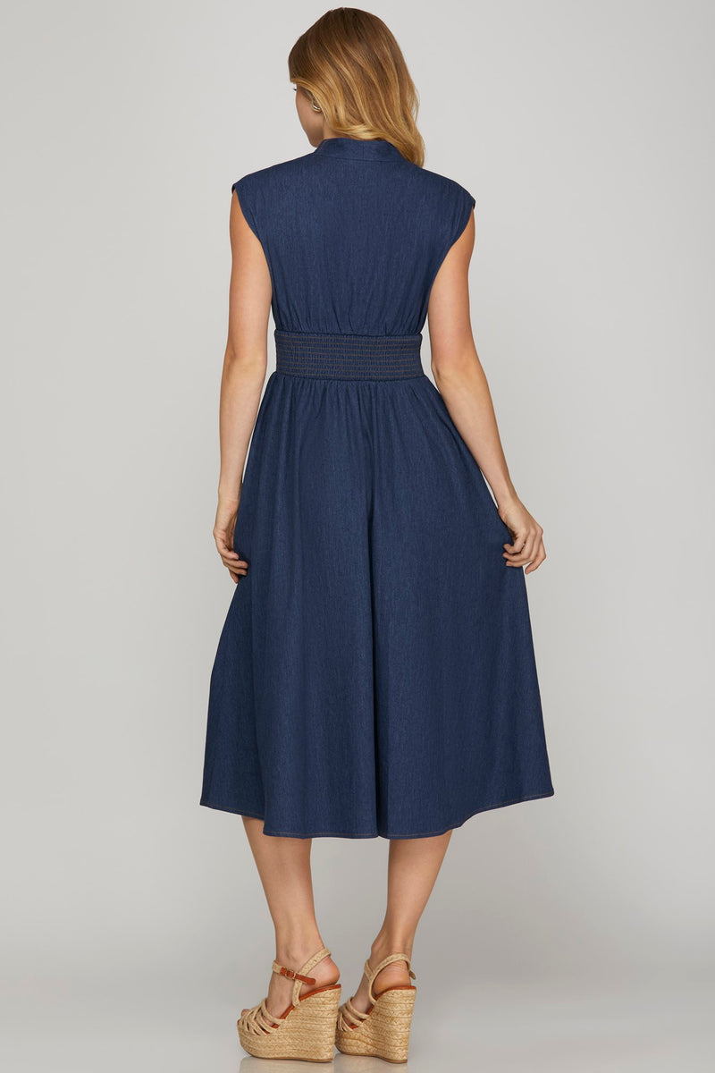 Drop Shoulder Smocked Waist Denim Midi Dress
