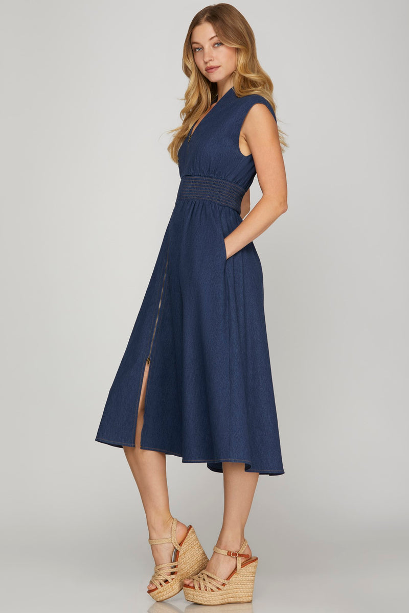 Drop Shoulder Smocked Waist Denim Midi Dress