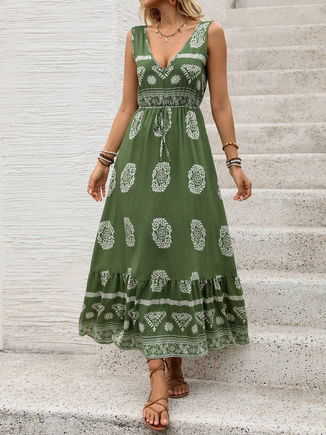 Sleeveless V-Neck Maxi Dress with Drawstring Waist