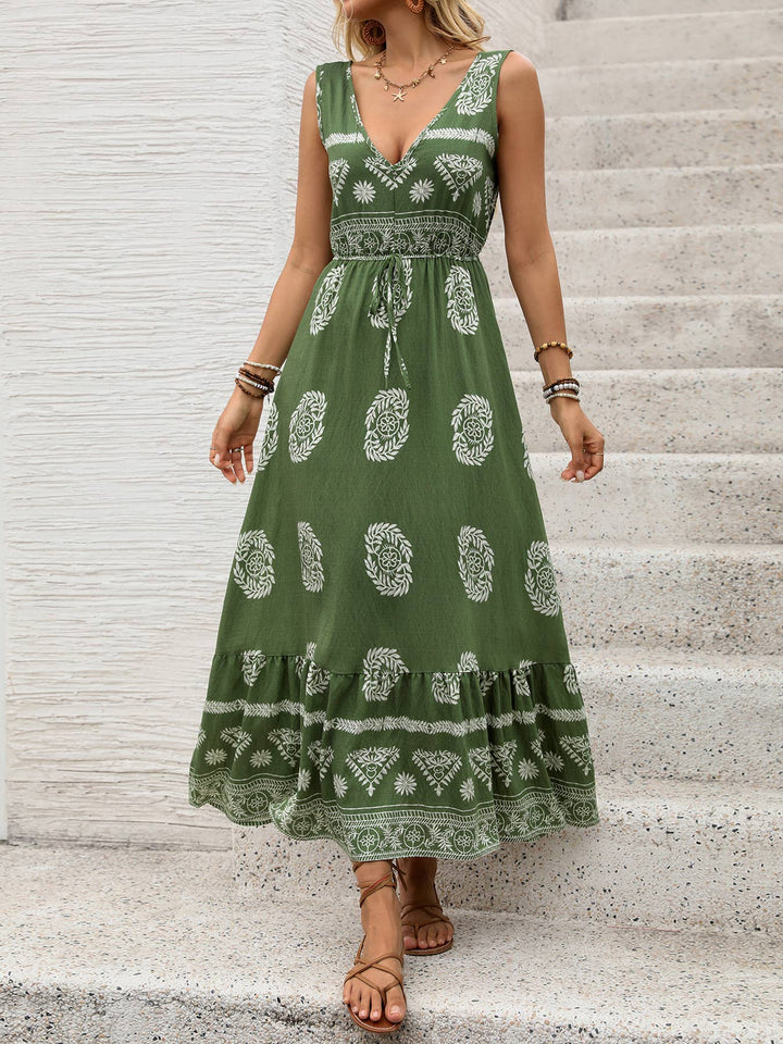 Sleeveless V-Neck Maxi Dress with Drawstring Waist