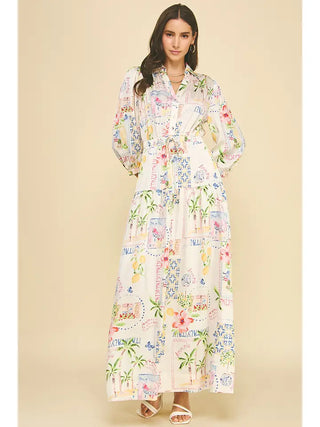 Print Button Down Maxi Dress - Cream Multi