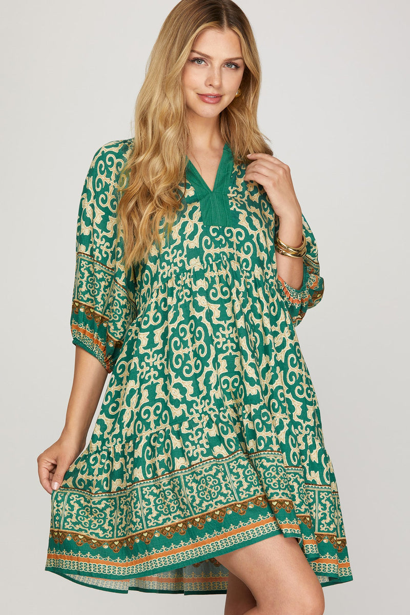 3/4 Sleeve Border Print Tiered Mini Dress - Emerald Green