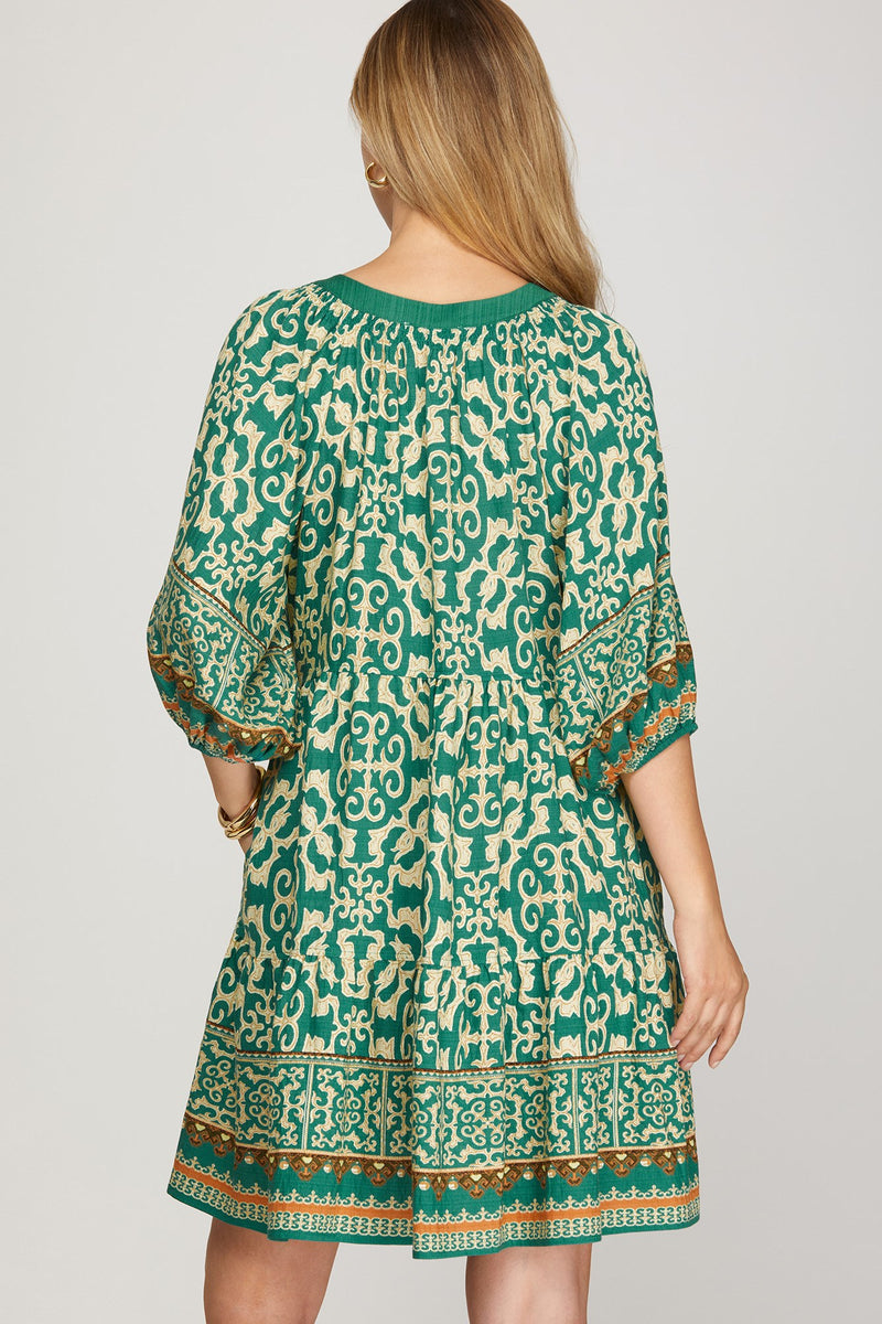 3/4 Sleeve Border Print Tiered Mini Dress - Emerald Green