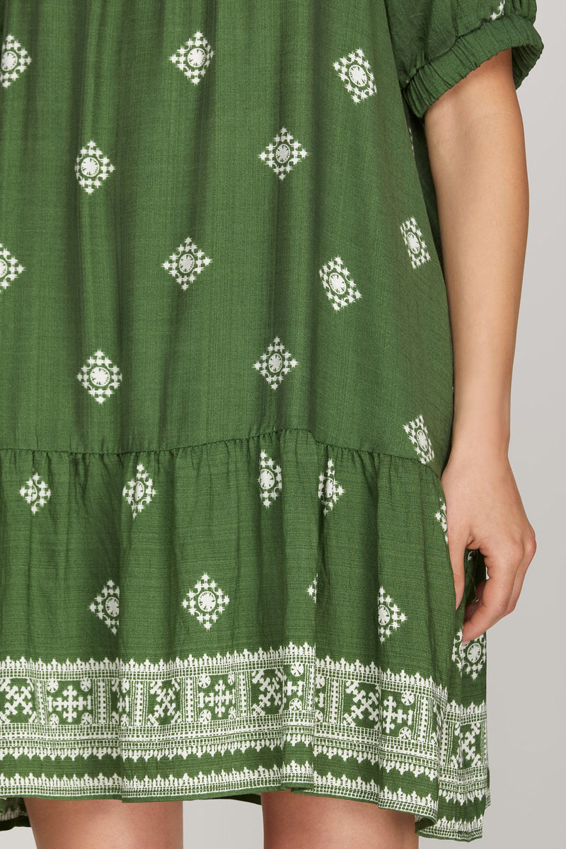 Short Sleeve Square Neck Printed Mini Dress - Olive Green