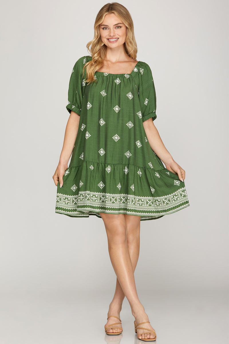 Short Sleeve Square Neck Printed Mini Dress - Olive Green
