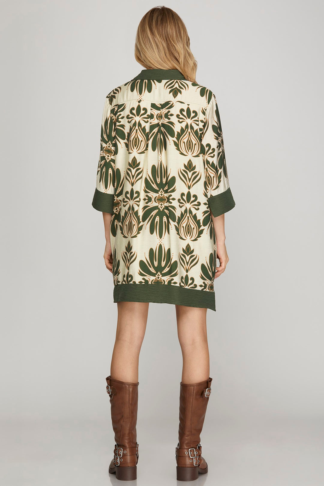 Half Sleeve Printed Mini Dress - Olive