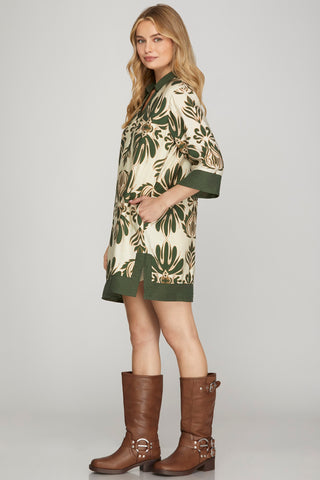 Half Sleeve Printed Mini Dress - Olive