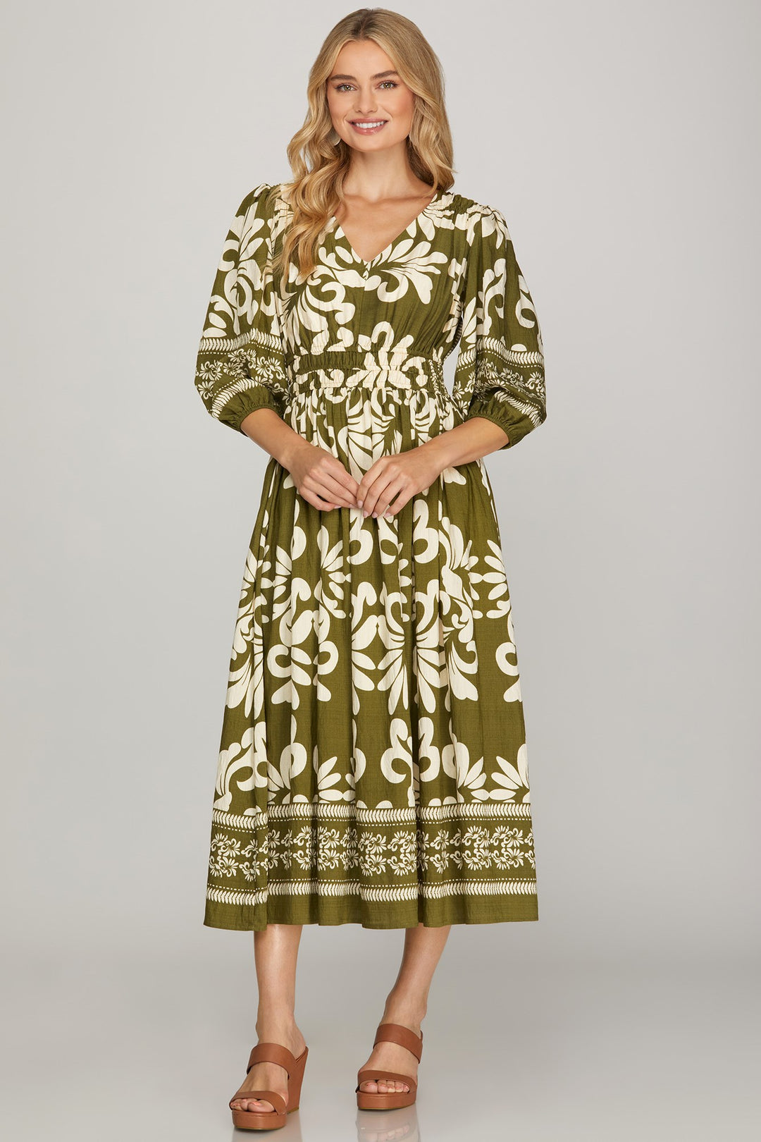 FINAL SALE 3/4 Sleeve V-Neck Printed Midi Dress - Olive
