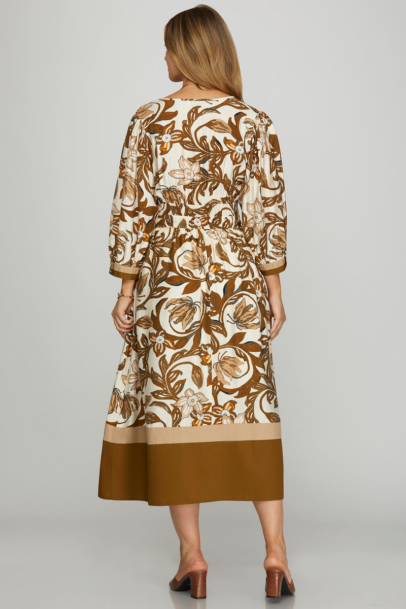 3/4 Sleeve Color Block Floral Midi Dress - Brown