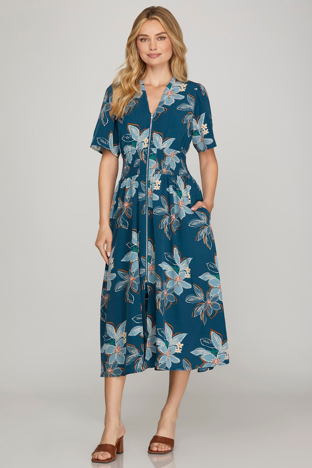 FINAL SALE Short Sleeve Smocked Waist Zip Front  Midi Dress - Teal