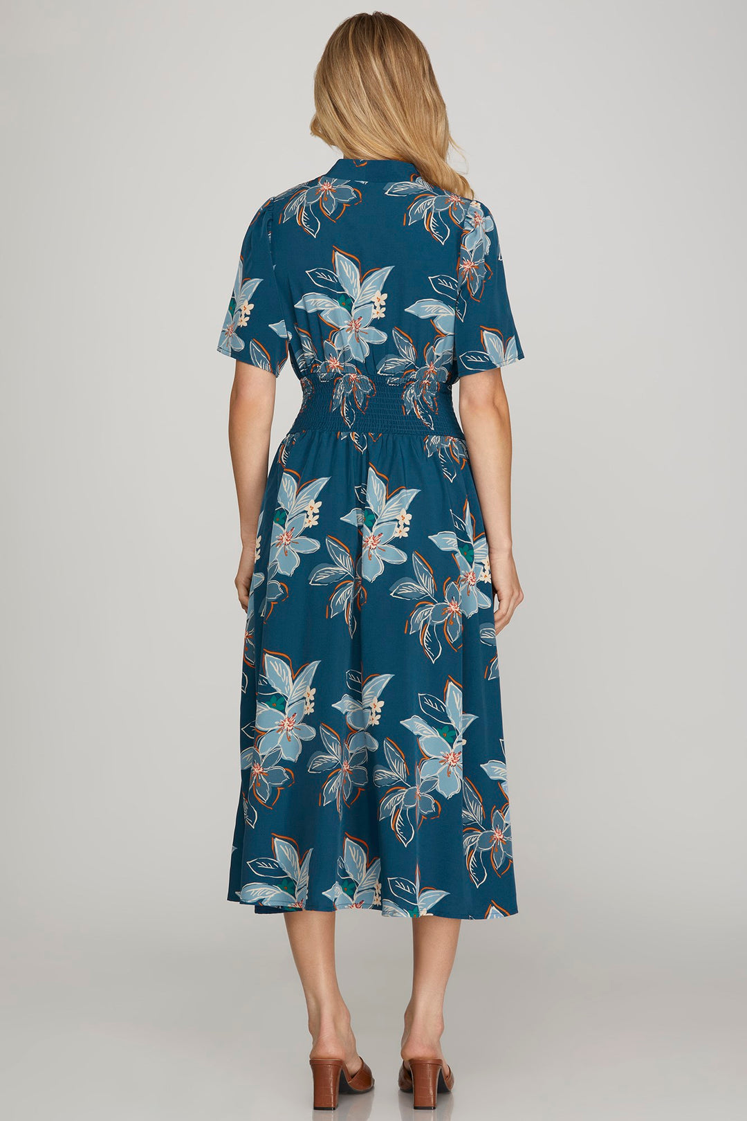 FINAL SALE Short Sleeve Smocked Waist Zip Front  Midi Dress - Teal