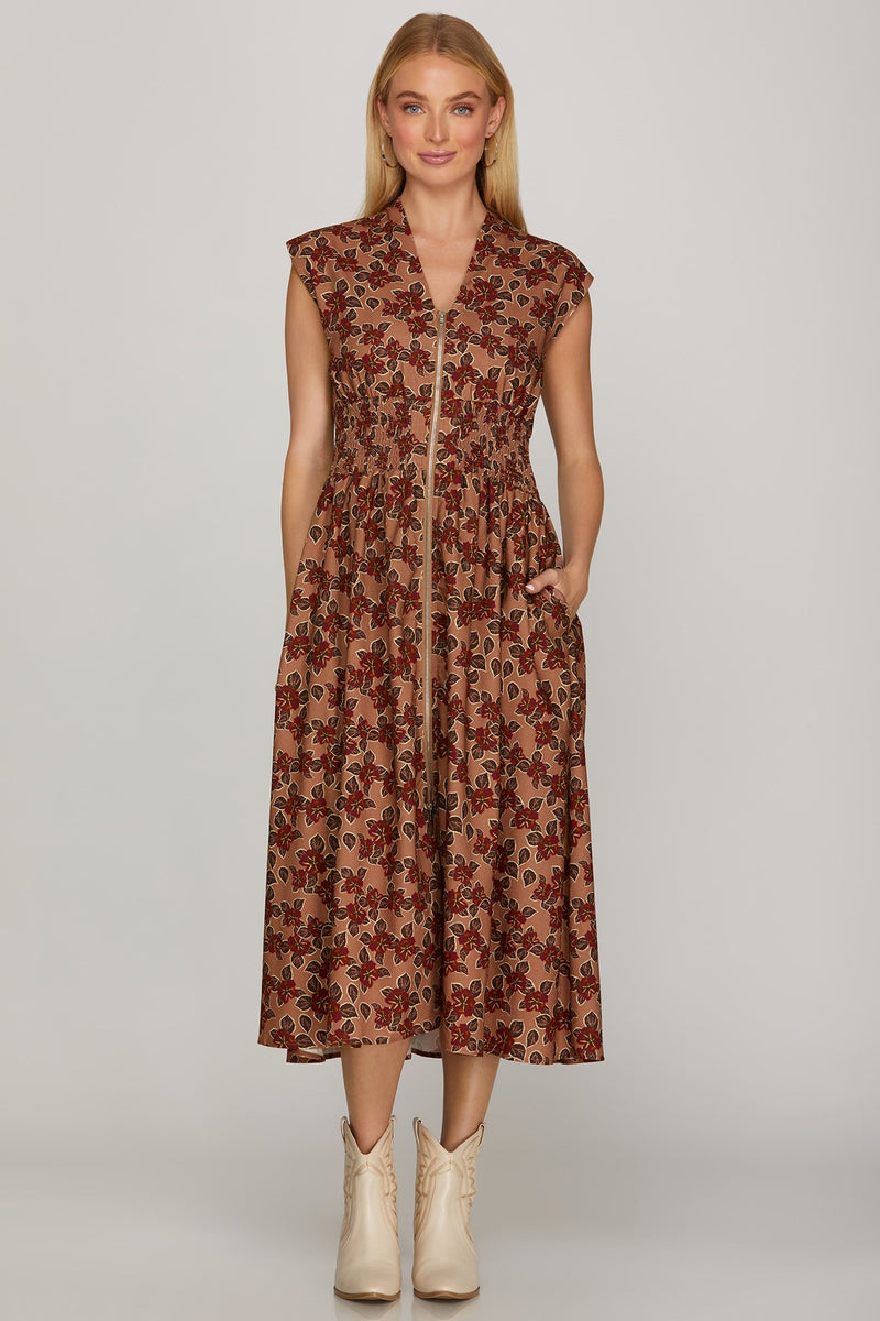 Fall Print Midi Dress - Dusty Rose/Wine