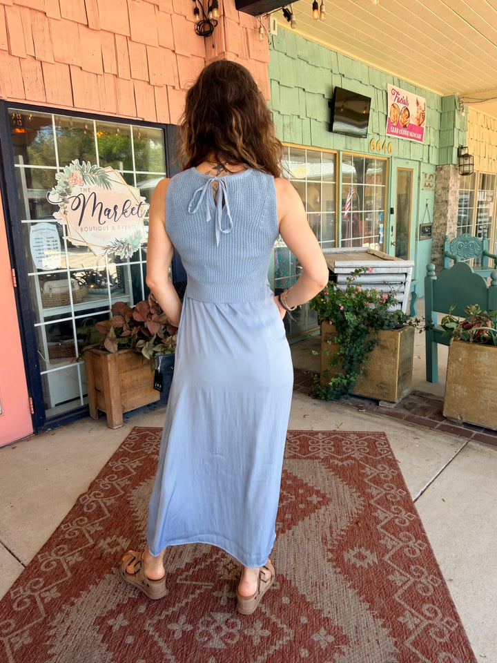 Liverpool Sleeveless Tie Back Sweater Woven Dress Malibu Blue