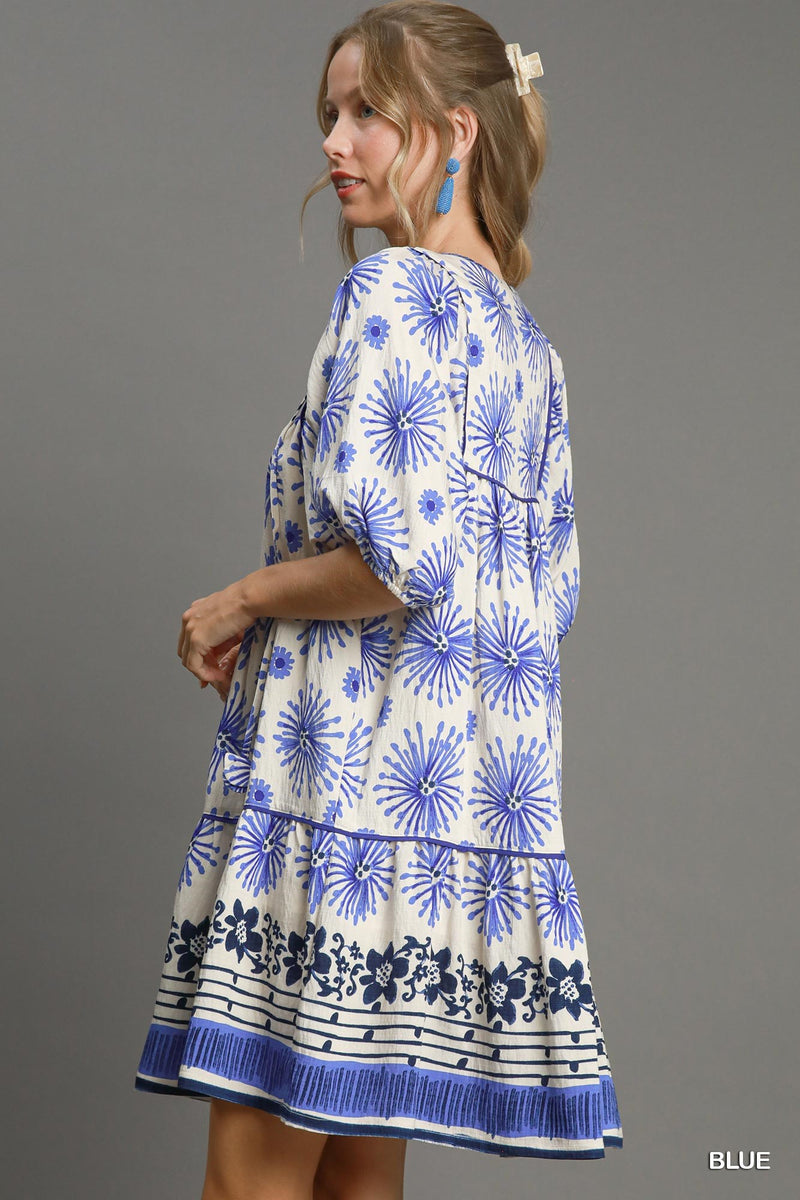 Mixed Border Print Mini Dress - Blue