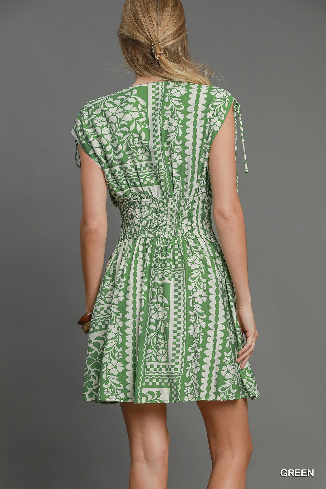 Boho Print Smocked Waist Mini Dress - Green