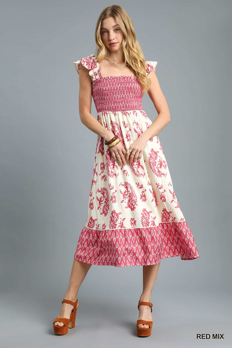 Smocked Ruffle Strap Midi Dress - Red