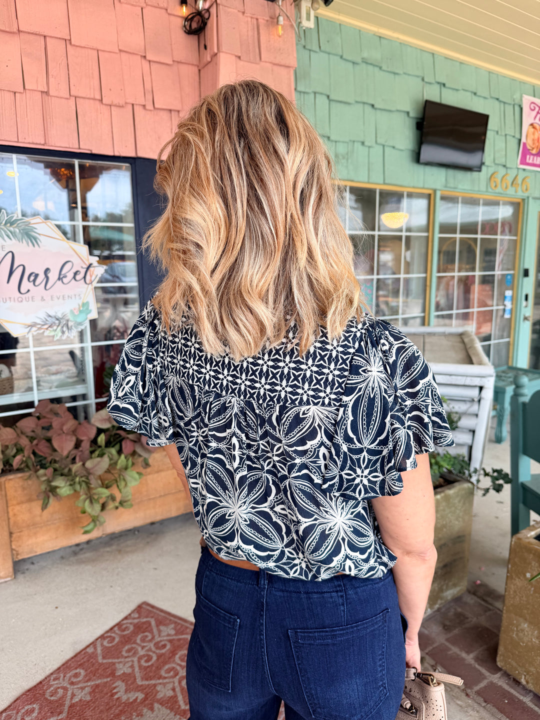 Liverpool Flutter Sleeve Mixed Print Top Blue w/ Cream