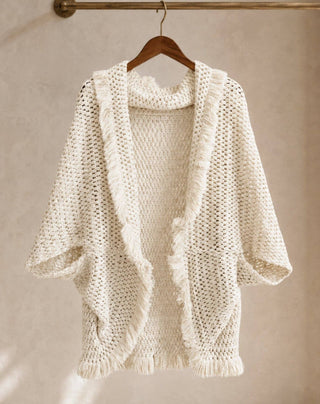 Artisanal Crochet-Look Cocoon Cardigan with Fringe Trim