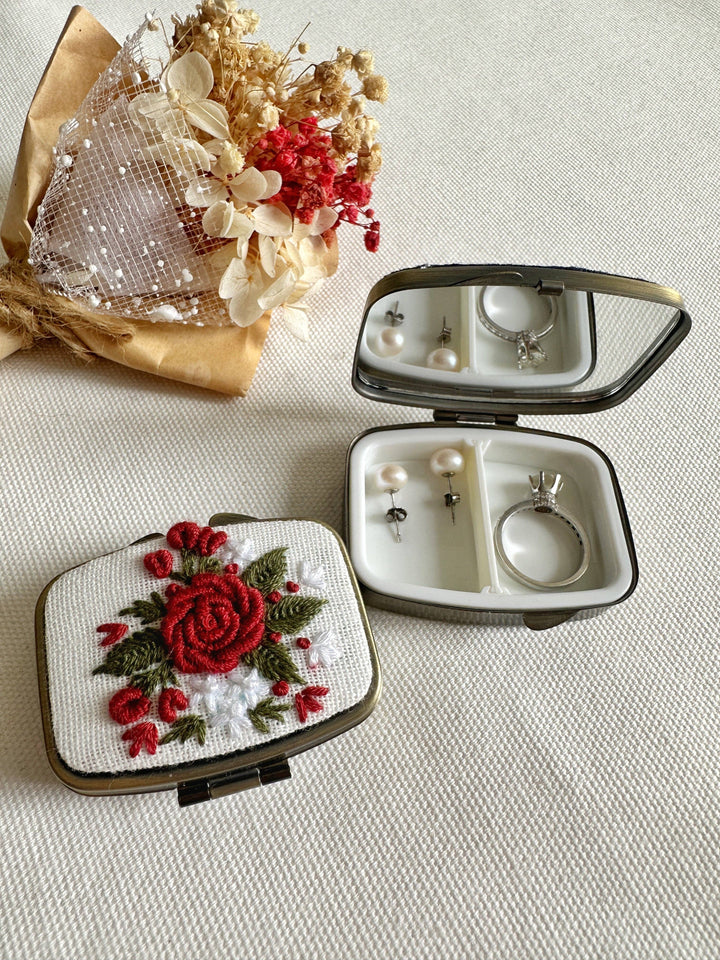 Floral Embroidered Rectangle Mini Jewelry Box (or Pill Box) With Mirror
