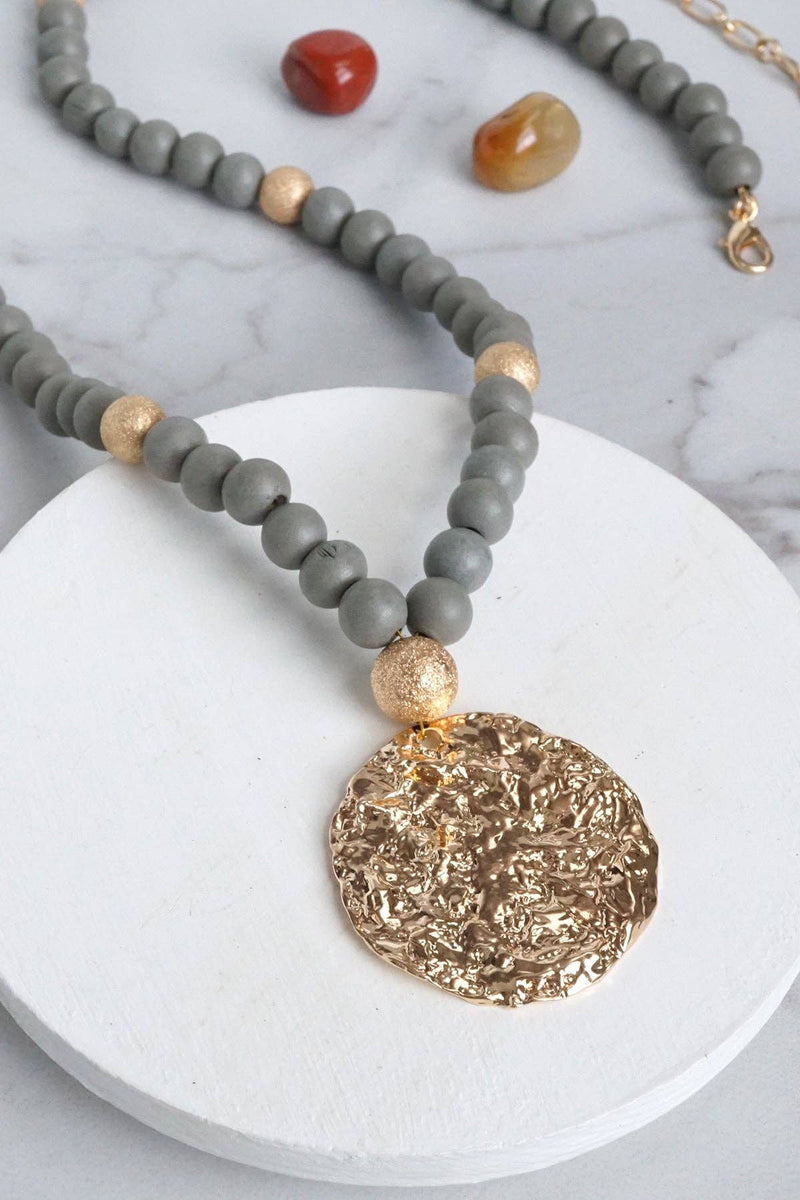 Long Wooden Bead Necklace with gold coin - Grey