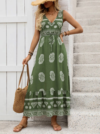 Sleeveless V-Neck Maxi Dress with Drawstring Waist