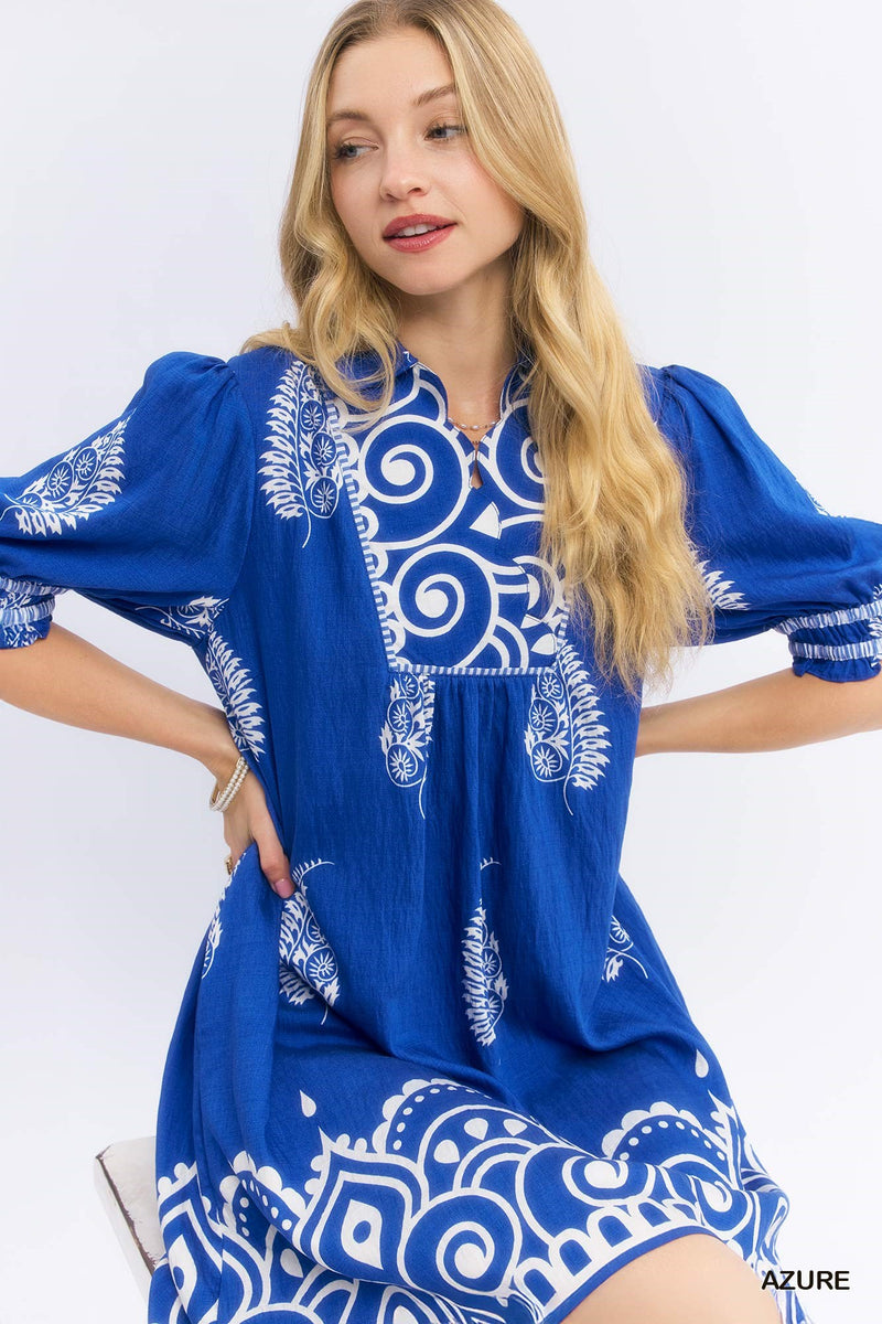 Paisley Mandala Print Babydoll Dress - Azure