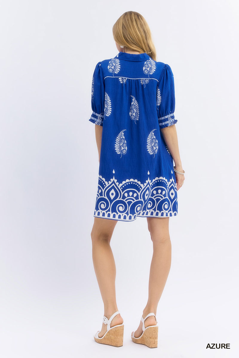 Paisley Mandala Print Babydoll Dress - Azure