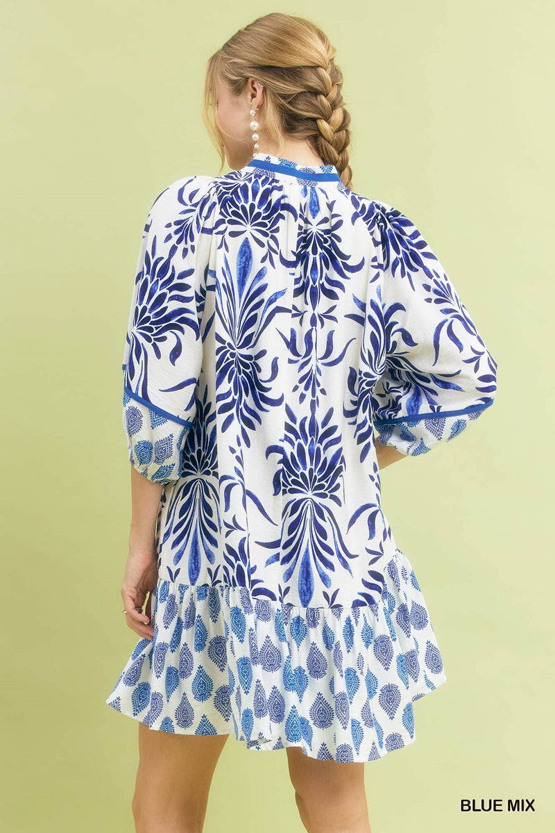 Mix Print Babydoll Dress with Ruffle Hem - Blue Mix