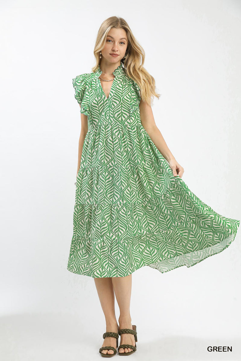 Leaf Print Tiered Midi Dress - Green