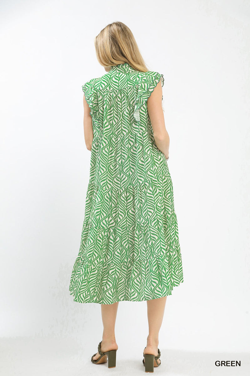 Leaf Print Tiered Midi Dress - Green