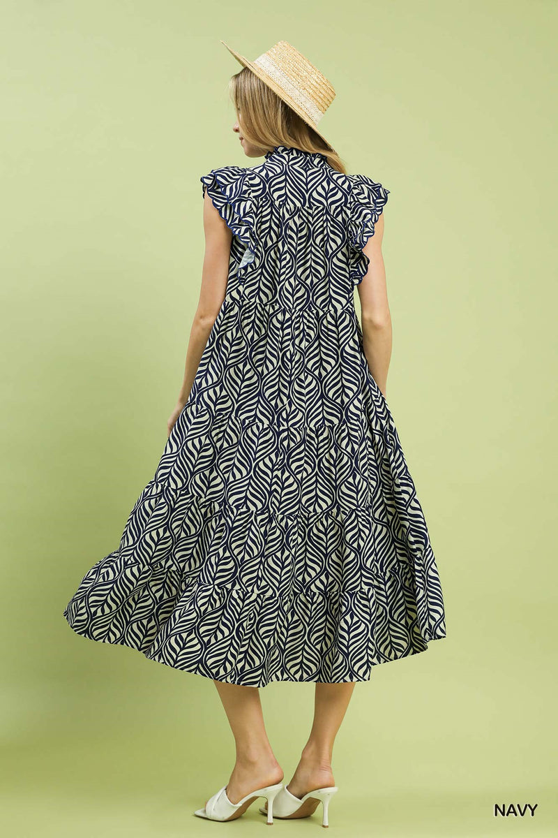Leaf Print Tiered Midi Dress - Navy
