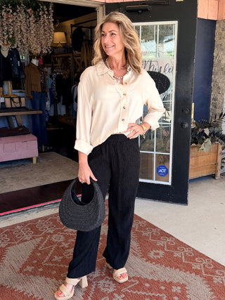Tribal Crinkle Lyocell® Pull-On Flowy Wide Leg Pants Black