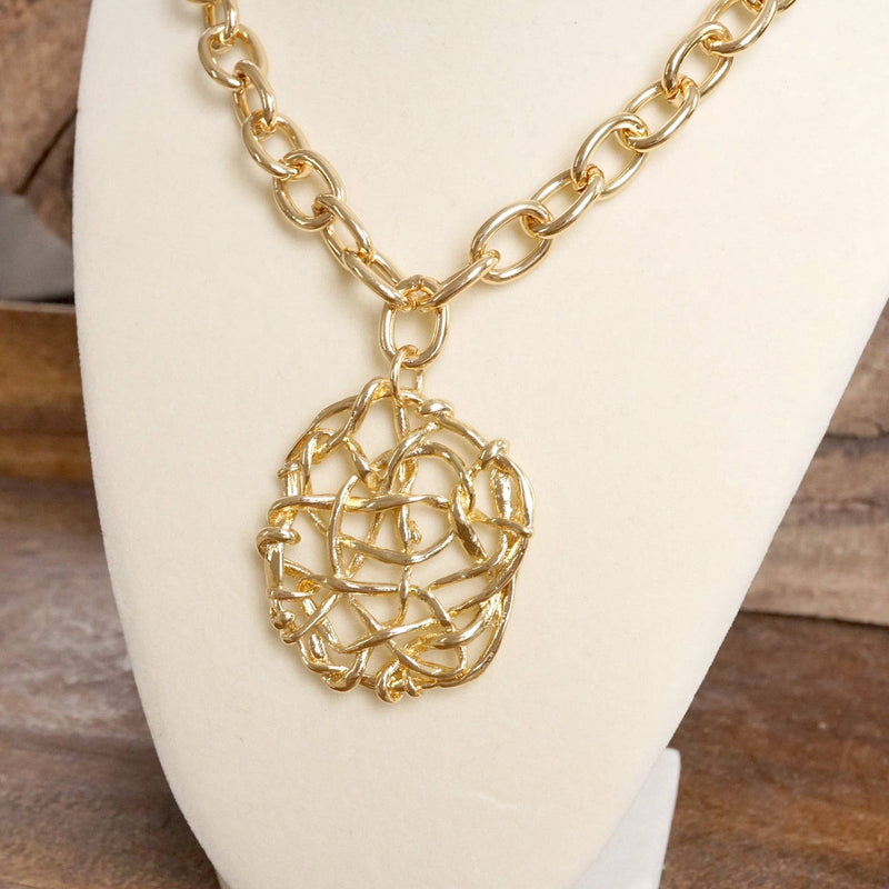 Chunky Chain Tangled Pendant Statement Necklace in Gold Tone