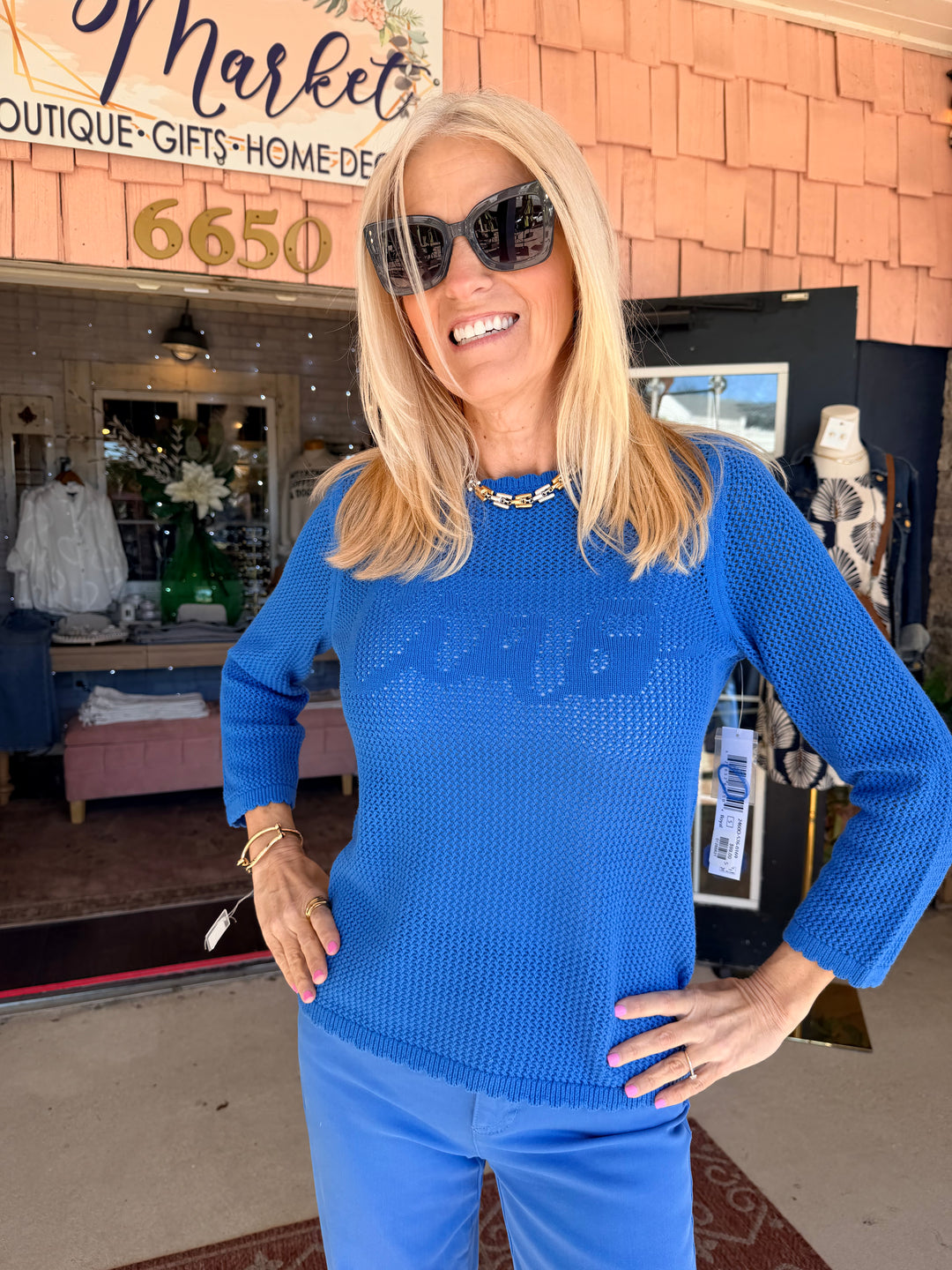 Tribal Open-Stitch Embroidered Cotton Crew Neck Sweater - Royal