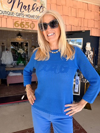 Tribal Open-Stitch Embroidered Cotton Crew Neck Sweater - Royal