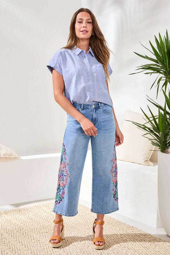Tribal Embroidered Audrey Girlfriend Wide Leg Crop Denim Jeans Desert Blue