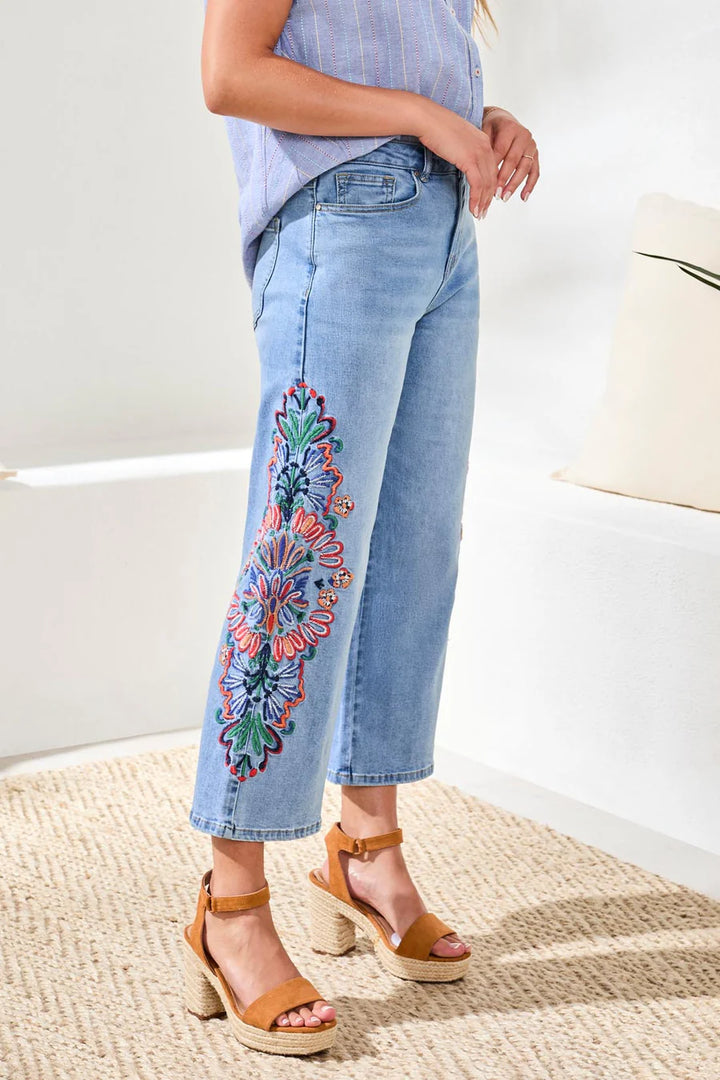 Tribal Embroidered Audrey Girlfriend Wide Leg Crop Denim Jeans Desert Blue