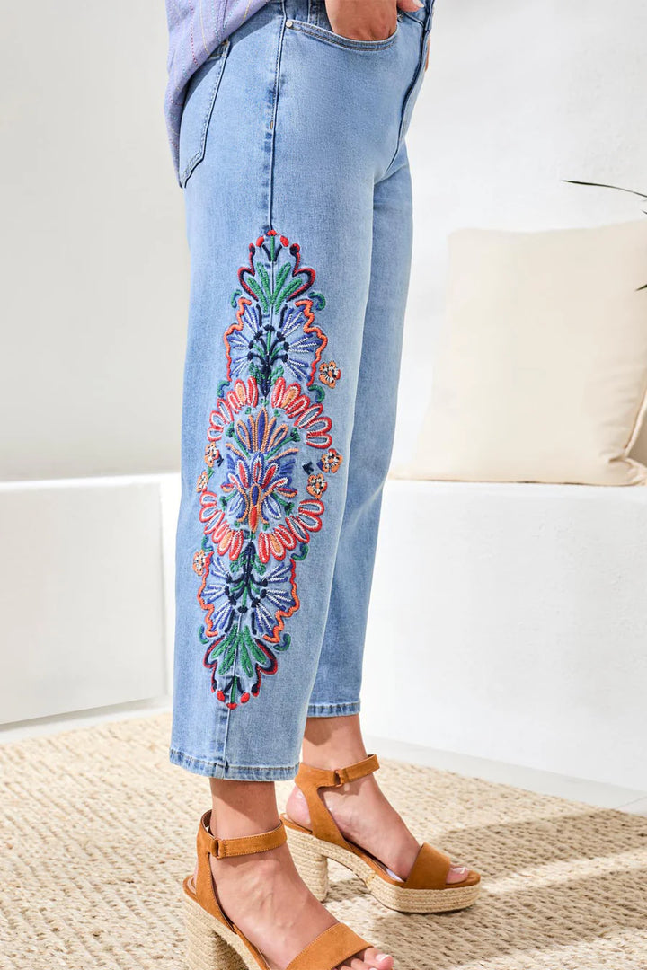 Tribal Embroidered Audrey Girlfriend Wide Leg Crop Denim Jeans Desert Blue