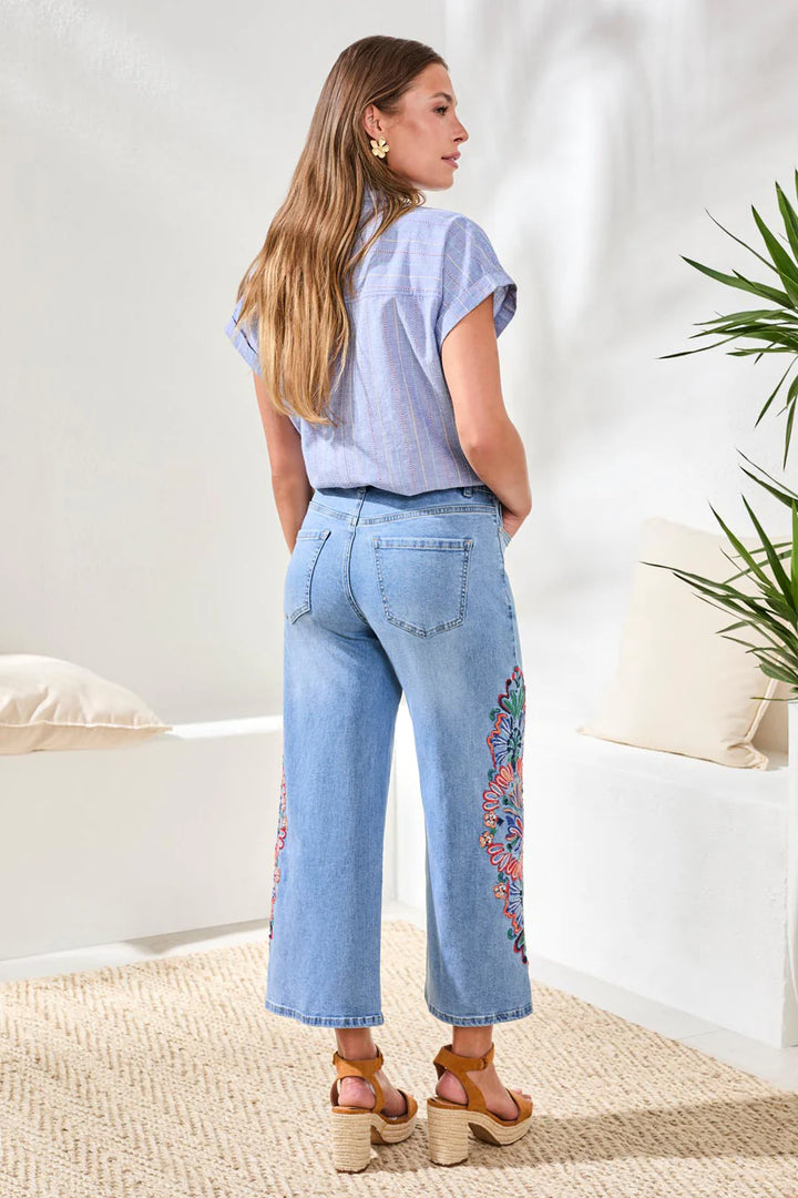 Tribal Embroidered Audrey Girlfriend Wide Leg Crop Denim Jeans Desert Blue