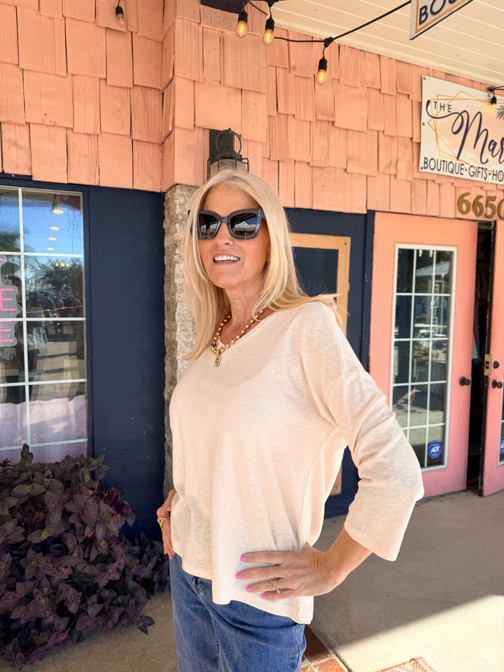 Charlie B Foil Print V-Neck 3/4 Sleeve Top  - Champagne