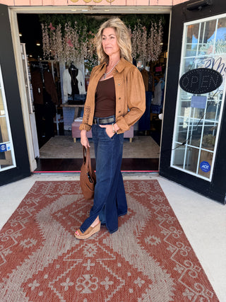 Liverpool Puff Sleeve Jacket with Laser Cut Hem - Caramel